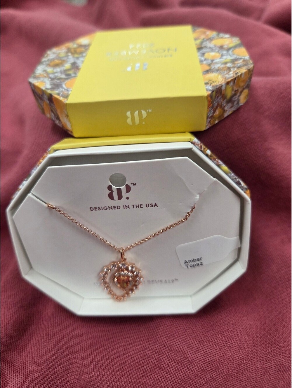 Bomb Party Nov 2024 She's All Yours Amber Topaz Rose Gold Pendant Necklace NIB